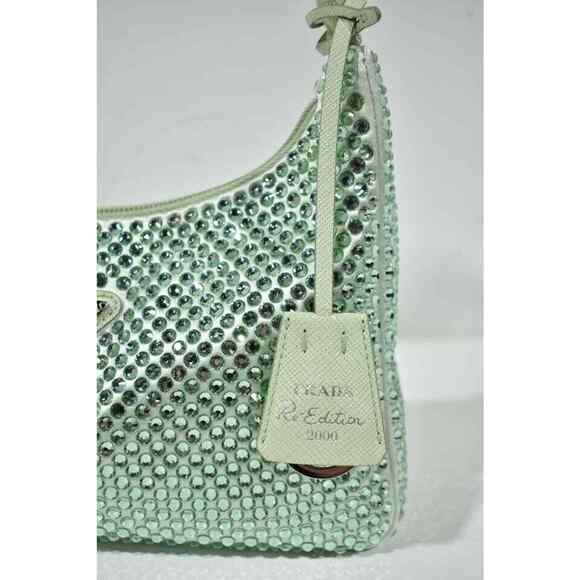 Prada Re-Edition 2000 Green Satin Crystal Nylon Shoulder Top Handle Hobo Bag - Picture 3 of 7